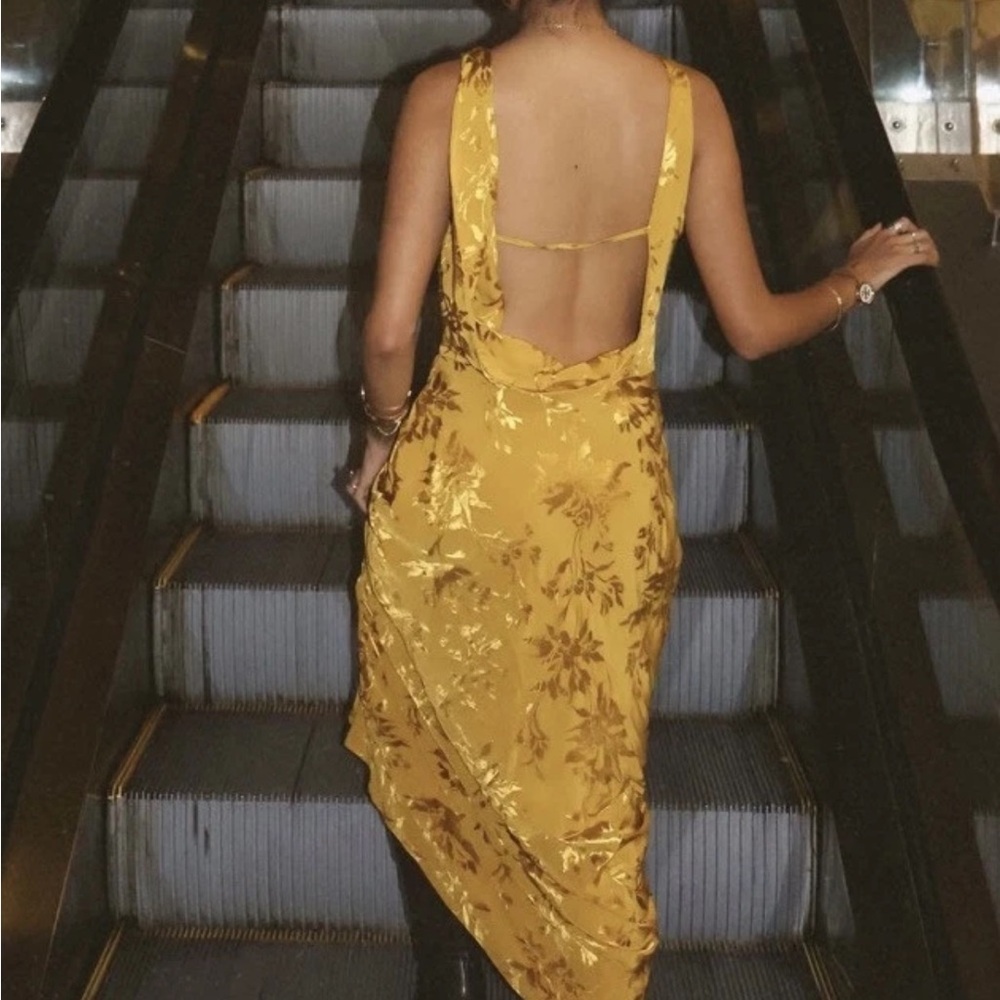 ZARA bloggers fav Satin Floral Jacquard Midi Maxi Dress Open Back Yellow Gold M - Picture 3 of 10